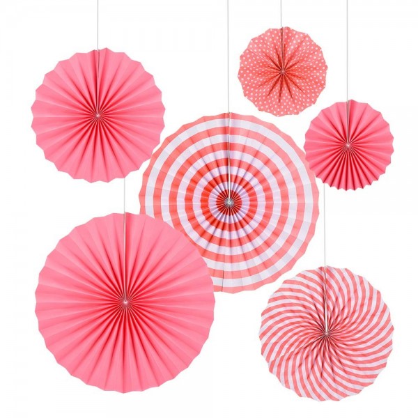 Party Hanging Paper Fan Set - 6 Pcs Pink Round Garlands with 25 Pcs ...