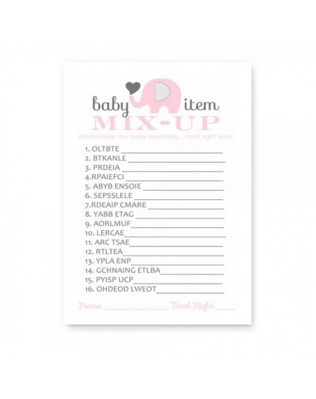 Pink Elephant Baby Shower Word Scramble Games Card Set of 25 - CU1859M4KDC