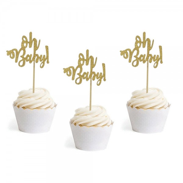 Set of 24 Gold Glitter Oh Baby Cake Cupcake Toppers Picks for Wedding ...