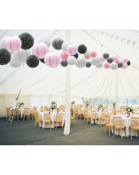 Hanging Party Decorations Set - 15pcs Pink Gray White Paper Flowers Pom