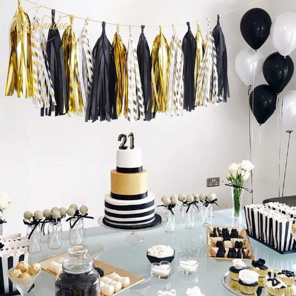 15 Pcs Black and Gold Tassel Garland Gold Foil Stripe Party Tassel for ...