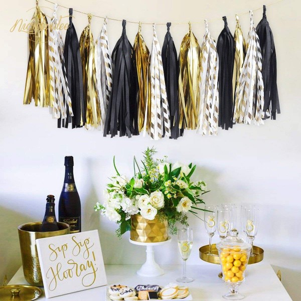 15 Pcs Black and Gold Tassel Garland Gold Foil Stripe Party Tassel for ...