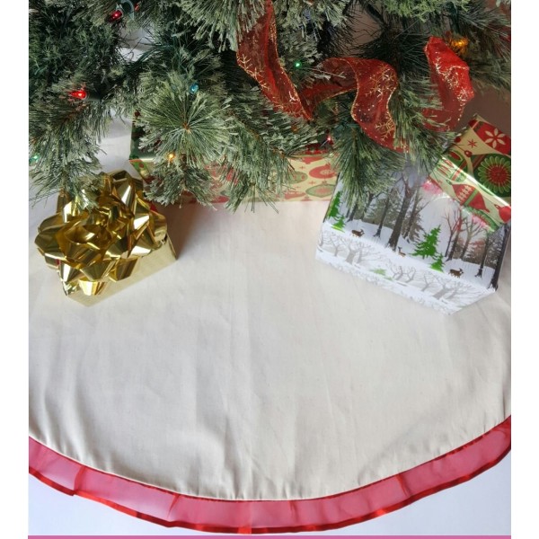 48 inch Cream Cotton Christmas Tree Skirt with Red Ribbon Trim