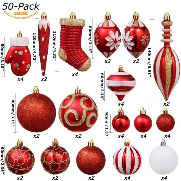 50-Pack Assorted Shatterproof Christmas Ball Ornaments Set Decorative ...