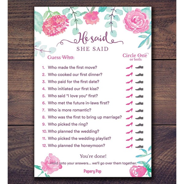 He Said She Said (50 Sheets) - Bridal Shower Games - Wedding Shower ...