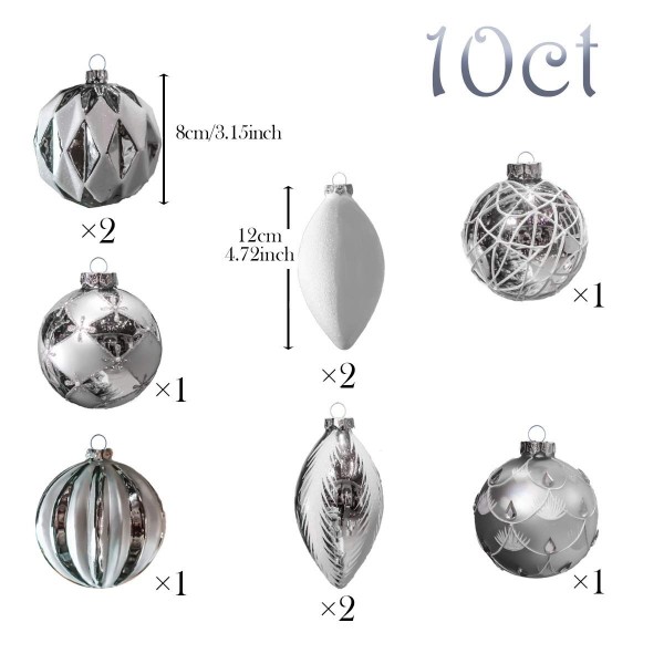 10ct Frozen Winter Silver White Christmas Ball Ornaments - Glass Blown Ornaments - 3.15inch-4