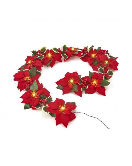 Pre Lit Velvet Artificial Poinsettia 72 Inch Garland With Red Berries And Holly Leaves Battery 