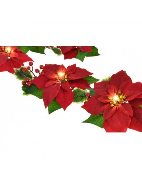 Pre Lit Velvet Artificial Poinsettia 72 Inch Garland With Red Berries And Holly Leaves Battery 