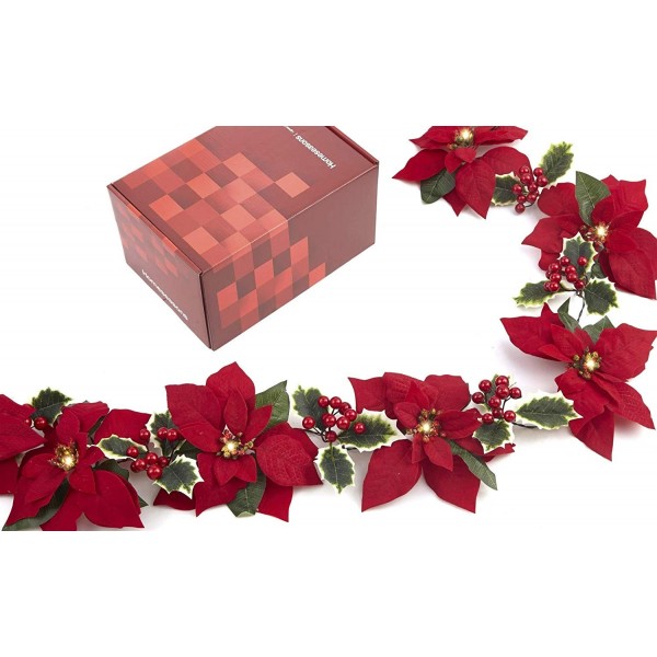 Pre Lit Velvet Artificial Poinsettia 72 Inch Garland With Red Berries And Holly Leaves Battery 