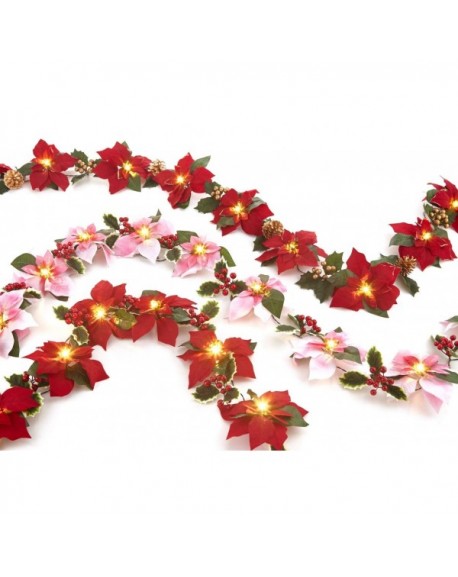 Pre Lit Velvet Artificial Poinsettia 72 Inch Garland With Red Berries And Holly Leaves Battery 