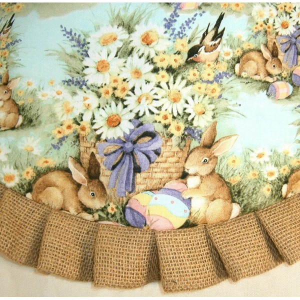 Small Tabletop Easter Tree Skirt 24" Rabbits on Teal with Burlap