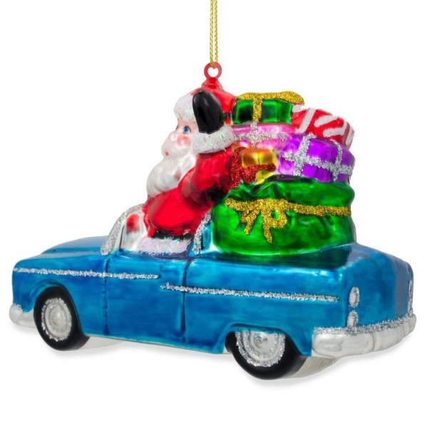 Santa in a Convertible Car Full of Gifts Glass Christmas Ornament 3.6 ...