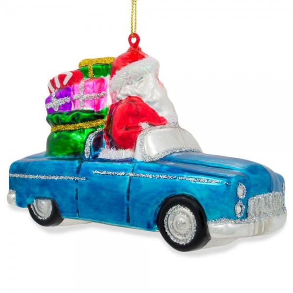 Santa in a Convertible Car Full of Gifts Glass Christmas Ornament 3.6 ...