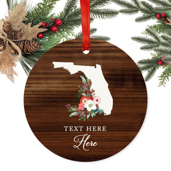 Personalized US State Round Metal Christmas Ornament Rustic Wood with