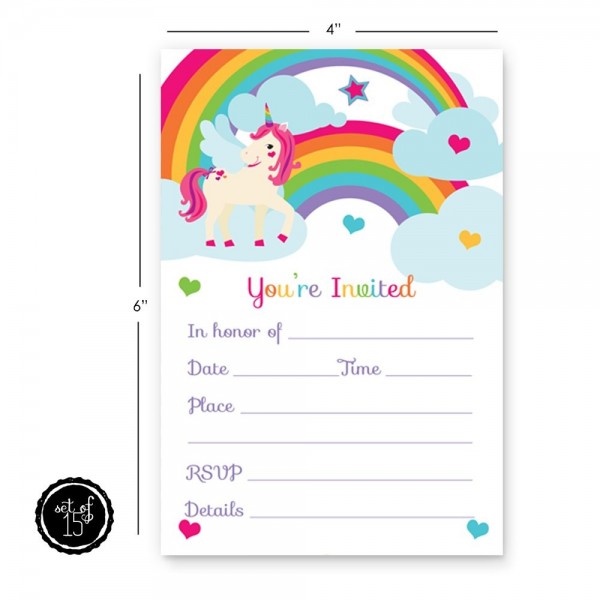 Unicorn Birthday Party Invitations (Fill In) Set of 15 with Envelopes ...