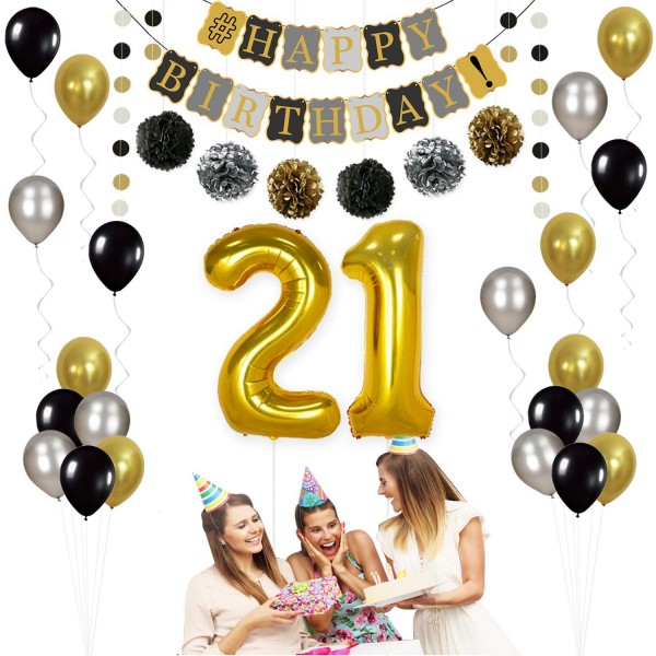 Vintage 21st BIRTHDAY DECORATIONS PARTY KIT -Black Gold and Silver ...