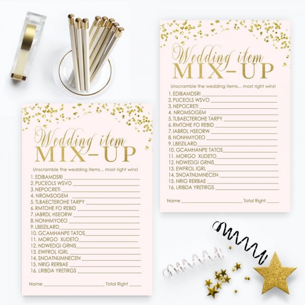 Pink and Gold Bridal Shower Games Word Scramble Trivia Set of 25 ...