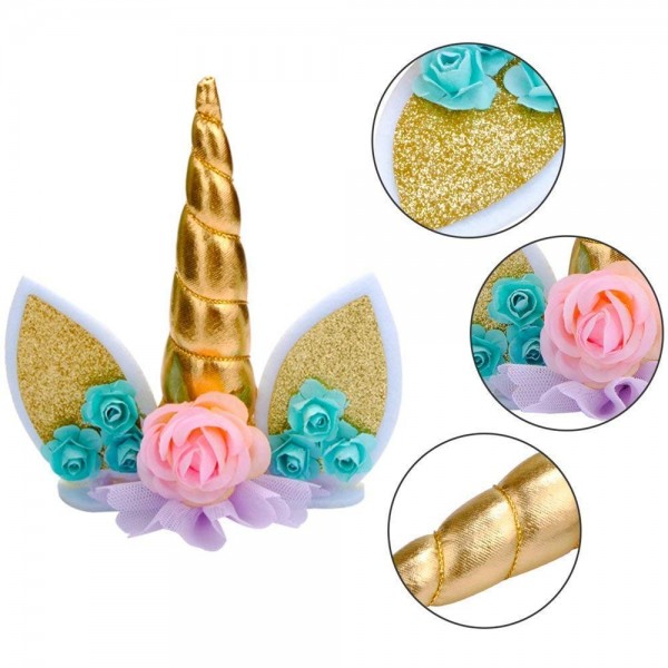 Gold Unicorn Birthday Cake Topper.Unicorn Horn - Ears and Flowers ...